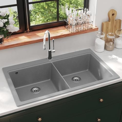 ZEYUAN Lavandino Cucina Granito Grigio lavello Doppio con Montaggio sopra,Lavandino,Lavandino Bagno,Lavandini Bagno,Articoli idraulici-141676