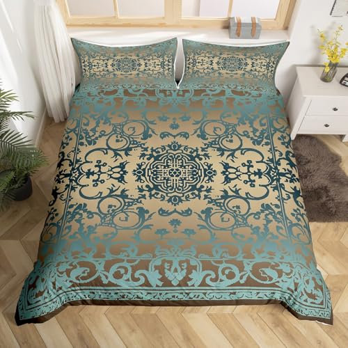 Homewish Blaue Damast Bettbezug Set Gothic 135x200 Bettwäsche Sets,Viktorianische Tröster Abdeckung Vintage Barock Blumen Gothic Bett Set Antike Medaillon Floral Böhmische Dekor,Walnuss
