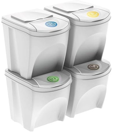WELL HOME - Set de 4 cubos de basura-papelera reciclaje, blanco roto, 4x 25L