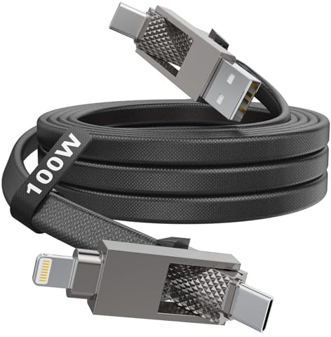 4-in-1 USB-C Fast Charging Cable (100W) – 6 FT Flat Braided Multi Charger with Lightning, USB-C, USB-A Ports for iPhone 15/16, Samsung, iPad, MacBook – Supports CarPlay and Android Auto
