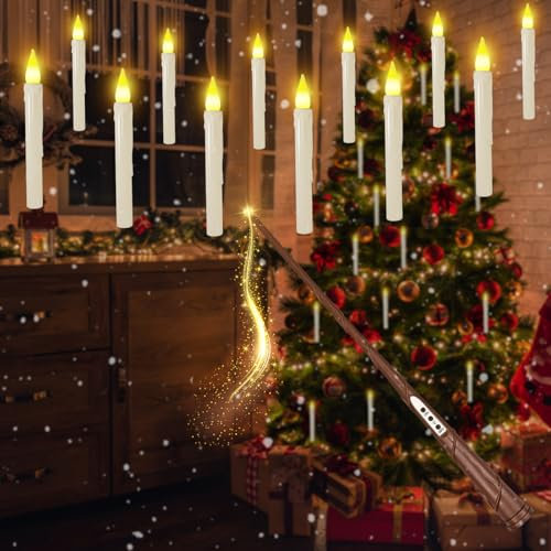 NEOVSUNY 20 Stück Schwebende LED-Kerzen mit Zauberstab und 6H Timerfunktion, Flammenlose Batteriebetriebene Kerzen in Weiß für Camping, Hochzeiten, Home Deco