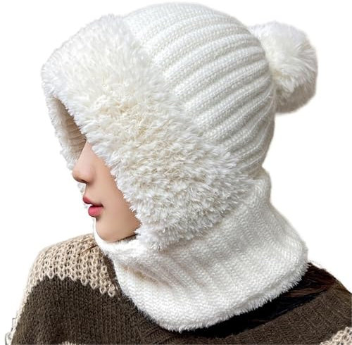 AMEEDA Kapuzenschal Damen Wintermütze-Masken-Set mit Kapuze for Damen, gestrickt, Kaschmir, Hals, warm, Ski, Winddicht, Mütze, Dicker Plüsch, Flauschige Mützen, Kapuze(White)