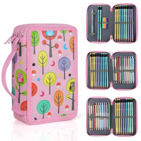 OFFCUP Federmäppchen 3 Fach Federtasche 52 Slots Große Kapazität Etui Stifte Schulmäppchen Federmappe Stiftetasche Mäppchen für Teenager Schule Büro Jungen Mädchen - Rosa