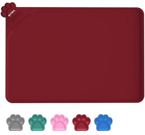 Waterproof Pet Feeding Mats with High Lips 55 x 38cm, Silicone Mat, Nonslip Pet Food Mat for Dog, Cat, Prevent water goes down (VOLCANIC RED)