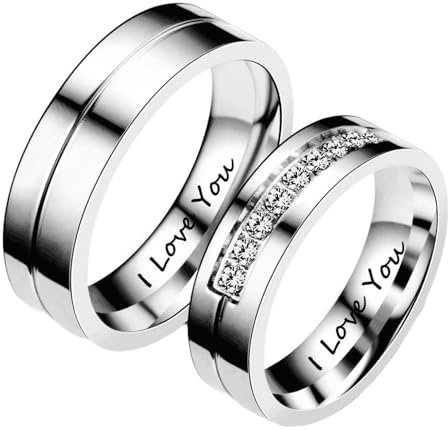 Lirzxin Ehering Edelstahl Damen Herren, Verlobungsring Paar I Love You 6MM Rund mit Rille und Zirkonia mit Gravur Silber Frauen Größe 49 (15.6) & Männer Gr. 52 (16.6)