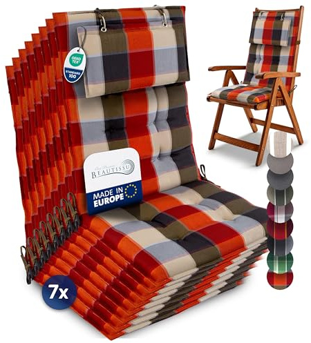 Beautissu 8er Set Premium Hochlehner Auflage Kopfpolster Gartenstuhlauflage | 120x50cm Orange Beige kariert 8cm Dick Polster rutschfest Befestigungsbänder UV-Lichtechtheit 5 Robust Stoff Garten Sun-HL