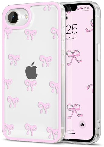 EYZUTAK Handyhülle für iPhone 17e/iPhone 16e, Clear Nette Band Schleife Muster Ästhetische Transparente Hülle Erhöhte Kamera Schutz Stilvolle Schlanke Weiche Langlebig TPU Schutzhülle-Rosa