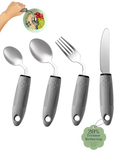 CuraVita Adaptive Utensils Set (4-Piece) – 42° Angled, 3 oz Weighted Silverware for Parkinson's, Hand Tremors and Arthritis – Easy-Grip Ergonomic Eating Aids (Right-Handed)