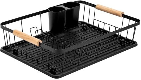 KARL HAUSMANN Abtropfgestell Geschirr Edelstahl Bambus, Schwarz | Geschirrabtropfgestell 43 x 31 x 10.5 cm, Bambusgriffe, Geschirrkorb mit Abtropfschale, 2-Fach-Besteckkorb