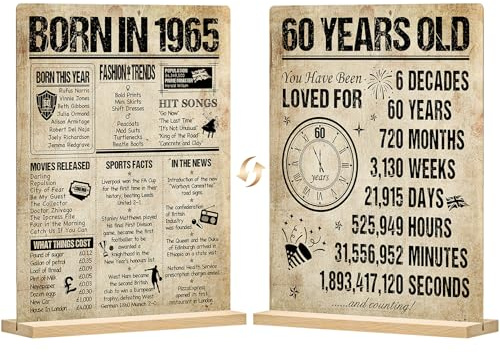 Benjia 60th Birthday Table Sign with Stand Happy 60 Years Old Birthday Signs Holder Table Display Vintage Born in 1965 UK Acrylic Poster Bday Gift Party Supply Home Decor For Men Women 20x25 cm