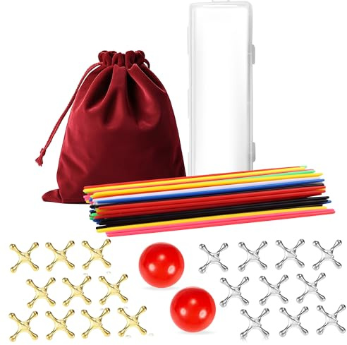 Classic Pick Up Sticks and Jacks Game with Ball Set, Includes Red Rubber Balls, Gold and Silver Metal Jax, Colorful Pick Up Sticks, Storage Box and Bag, Fun Retro Game for Kids Adults Family