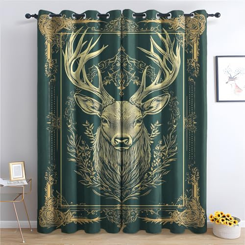 Luxfieo Hirsch Vorhänge Rustikale Grün Gold Boho Wald Vorhang Blickdicht Gardinen Verdunklungsvorhänge mit Ösen Thermovorhang für Wohnzimmer Schlafzimmer Fenster Deko 2er Set H 160 x B 132 cm