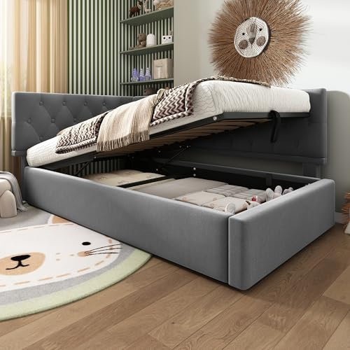 Polsterbett 90x190 cm, Einzelbett Tagesbett mit Hydraulischer Stauraum, Stauraumbett Kinderbett Jugendbett Daybett Gästebett Schlafsofa Bettgestell mit Lattenrost aus Holz, Ohne Matratze, Samt, Grau