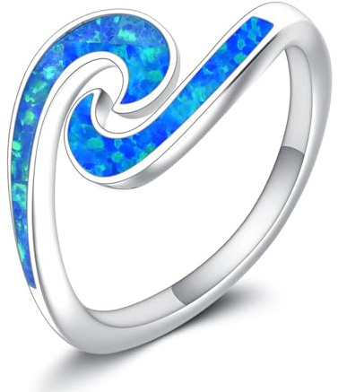 URONE Wave Ring 925 Sterling Silver Blue Opal Ocean Wave Rings Sea Beach Jewellery Gifts for Women