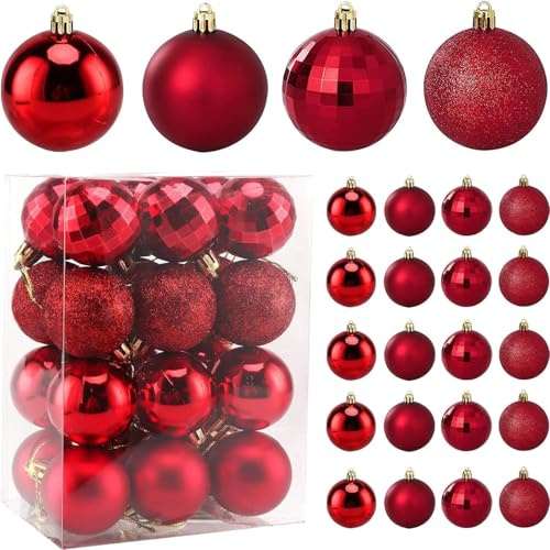 24 Stück Christbaumkugeln Rot 4cm Weihnachtskugeln Kunststoff Weihnachtskugeln Rot mit Hakenkordel, Bruchsicher Weihnachtsbaum Kugeln Christbaumschmuck Anhänger für Weihnachtsbaum Deko