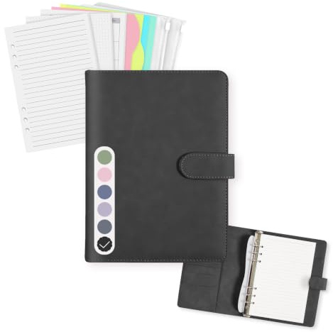 Quaderno A5 Ricaricabile, 165 Fogli, Organizer a 6 Anelli in PU | 76 fogli a righe, 76 puntinati e 13 per la pianificazione settimanale, con divisori, tasche con zip e scomparti per carte