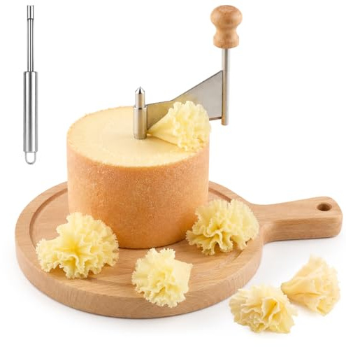 Penitue Wooden Cheese Wheel Cutter, Stainless Steel Round Cheese Curler Slicer Maker Shaver with Handle Kitchen Accessories for Butter Chocolate Home Restaurants Cafes Bakery