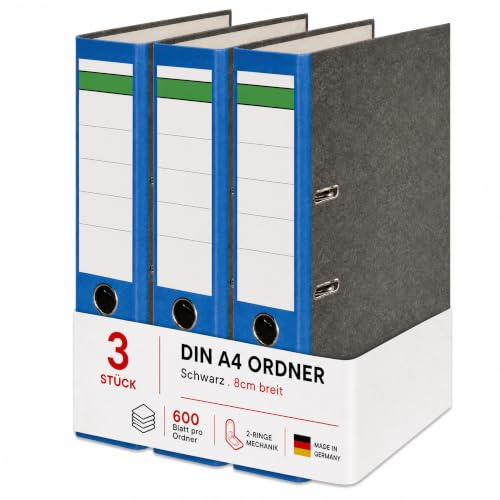 Conipa Ordner A4 Breit 8 cm, 3 Stück, Blau, für bis zu 600 Blatt | Robuste Aktenordner mit 2-Ring-Hebelmechanik, Griffloch und Recyclingkarton – für Büro, Schule & Homeoffice, Made in Germany