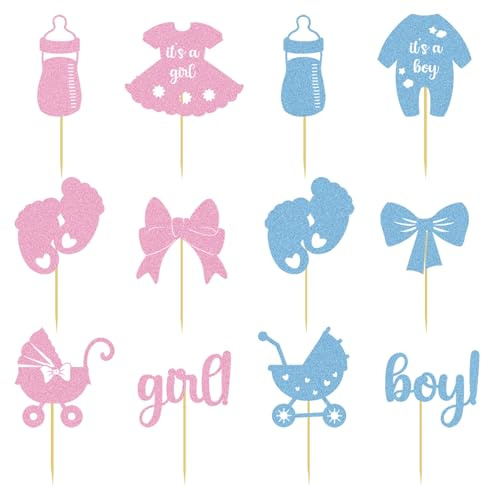 24Pcs Baby Gender Revealing Cupcake Decoration, Gender Reveal Cupcake Toppers Decorations Supplies with Glitter Paper Bottles Bows Bodysuits Pants Dresses & Feet for Party