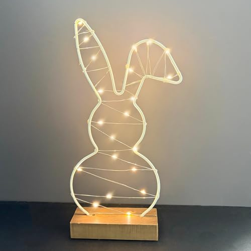 LED Osterhase Deko Aus Holz Basis, Osterdeko Holz Hase mit LED Lichterkette | Warmweiß, Mit Timer, led Osterhase Deko, für Osterbeleuchtung Frühlingsdeko, Garten, Lnnen, Nachtlicht, Tisch Gesteck