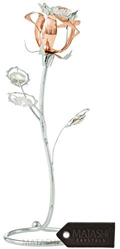 Matashi Chrome and Rose-Gold Plated Rose Flower Tabletop Ornament w/Clear Crystals, Long-Stem, Metal Decorative Home Décor | Elegant Craftsmanship
