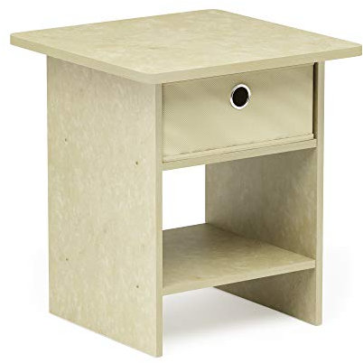 Furinno Dario Étagère de Rangement Chevet/Table de Nuit avec Tiroir-Poubelle, Faux Marbre Crème/Ivoire, Bois, One Size