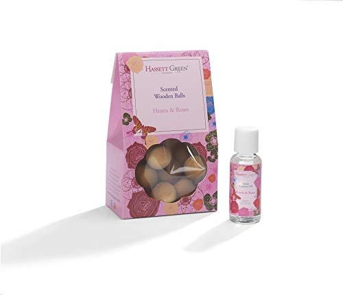 Hassett Green London - Hearts & Roses - Scented Wooden Balls Pack of 12 plus 30ml Bottle of Home Fragrance Oil for Refreshing - Alternative to Pot Pourri, Diffusers, Sachets and Drawer Liners