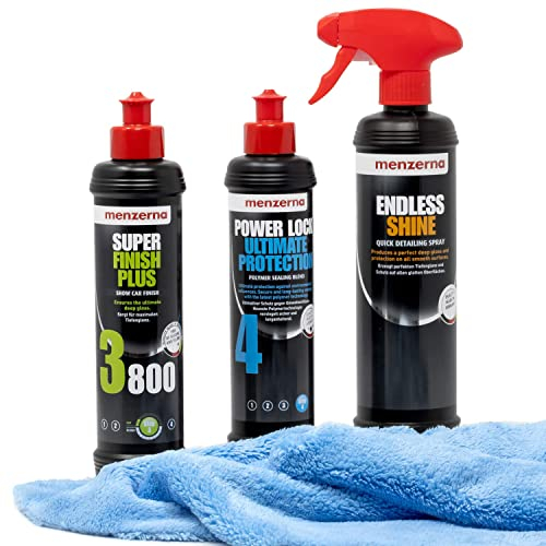 detailmate Show Car Finish Set: Menzerna - Hochglanzpolitur Super Finish Plus 3800, 250ml + Versiegelung Power Lock Ultimate Protection, 250ml + Endless Shine Quick Detailer Spray, 0,5l + Poliertuch