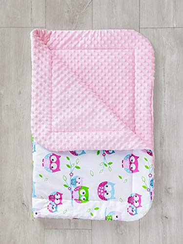 LOOLAY Babydecke Baumwolle 80x100 cm – Kuschelig weich und Warm – Zweiseitig aus Baumwolle und Minky Fleece – Oeko-TEX Zertifiziert – Decke für Kinderwagen (Eule weiß/Minky rosa)
