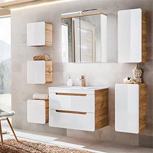 Badmöbelset mit 81 cm Waschtisch & LED-Spiegelschrank in Hochglanz weiß mit Wotan Eiche Nb., B/H/T ca. 180/200/46 cm