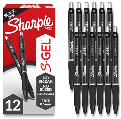 Sharpie S-Gel Pens, Fine Point (0.5mm), Black Ink, 12 count - Ideal for Writing, Journaling, Drawing, Coloring, Note-Taking, College Supplies