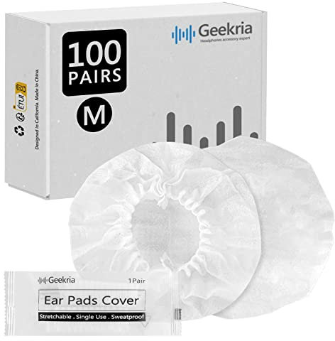 Geekria 100 Pairs Individually Wrapped Headphone Covers, Compatible with Over-Ear and MRI Headsets, Stretchable Sanitary Ear Pads, Hygienic Earcup Protectors (M, White)