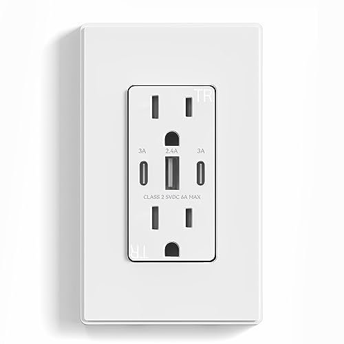 ELEGRP 30W 6.0 Amp 3-Port USB Wall Outlet, 15A Receptacle with Dual USB Type C & Type A Ports, USB Charger for iPhone/iPad/Samsung/LG/HTC/Android Devices, UL Listed, w/Wall Plate, 1 Pack, Matte White