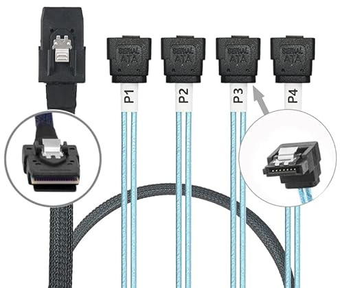 WLGQ Câble de disque mini SAS 36 broches (SFF-8087) vers 4 SATA 7 broches, mini hôte/contrôleur SAS vers 4 SATA 90° coudé/fond de panier, 1 m