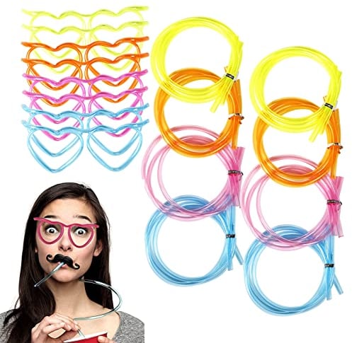 Straw Glasses for Kids, Novelty Eyeglasses Straws Reusable Crazy Straws, Eyeglass Frame Silly Fun Loop Drinking Straw, for Party Annual Meeting Parties Birthday Game Ideas-Heart 14 Pcs (7 Color)
