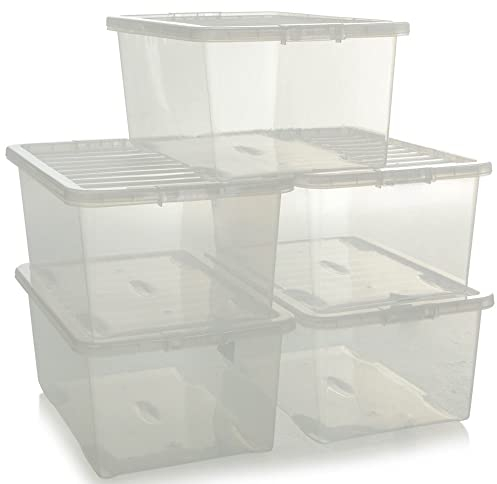 Pluto Packaging X Large Plastic Storage Box Strong Transparent Container Medium Large Box With Lid For Clothes/Books (64L, 2 Containers + Lids)