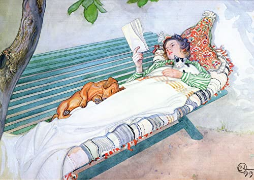 Kunstkarte Carl Larsson Lesende Frau auf einer Gartenbank liegend