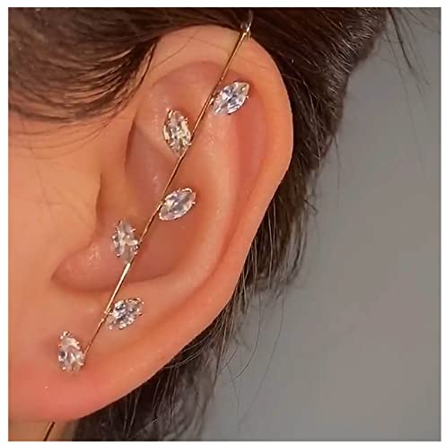 Dervivea Minimalist Crystal Leaf Ear Wrap Hook Earrings - Gold Boho Ear Cuffs for Women and Girls