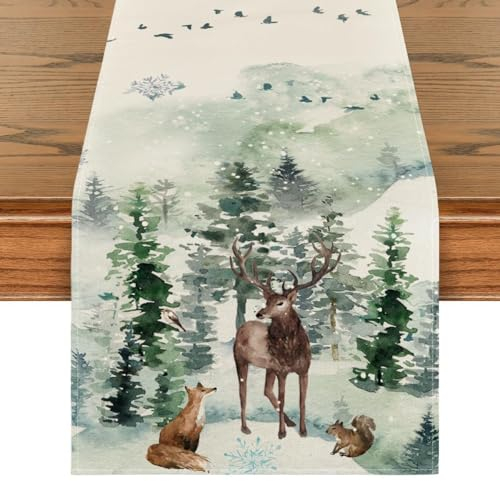 Artoid Mode Bäume Schneeflocken Fuchs Rentier Weihnachten Tischläufer, Saisonnal Winter Küche Tisch Dekoration Drinnen Urlaub Party Dekor 40x140 cm