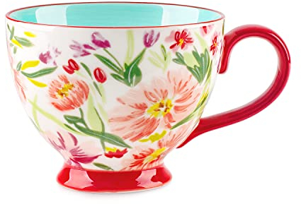 Berry President Handbemalte Keramiktassen mit Blumenmuster, 15 OZ, große Tassen für Milch, Kaffee, Cappuccino, Tee, Kakao, Frühstücks-Haferflockentassen (Gesang Blume Rot)