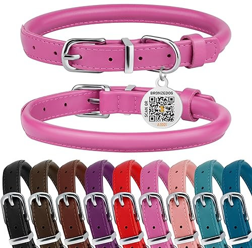 BRONZEDOG Collier pour Chien en Cuir roulé pour Petits, Moyens et Grands Chiens avec étiquette QR-ID (Rose, L: 41-48 cm)