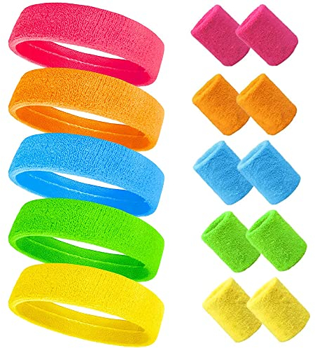 UQTUKO 15 Stück Neon Schweißband Set 80er 90er Jahre mit Stirnband Sport Schweißband dehnbares Schweißband für Damen Herren für Retro 80er 90er Party Karneval, Basketball, Tennis, Fitnessstudio