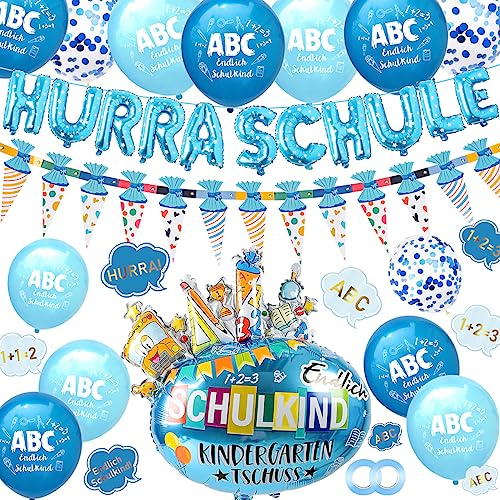 iZoeL Einschulung Deko Junge HURRA SCHULKIND Girlande + 2025 Folienballon + Zuckertüte Folienballon+ SCHULKIND Folienballon + 15 Luftballon + 14 Deko Konfetti Schulanfang Deko Einschulungsdeko