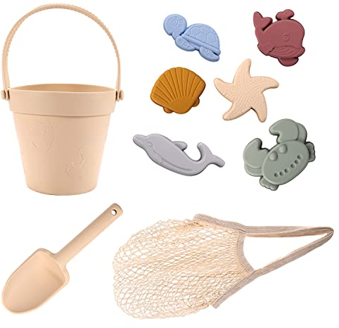 Luter Ensemble de Jouets de Plage pour Enfants en Silicone, Comprenant Seau de Plage, Pelle, 6 Moules d'animaux Marins, Sachet de Plage Portable Jouets de Plage & de Sable pour Tout-Petits 4-10(9pcs)