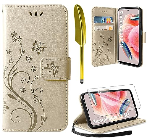 AROYI Lederhülle Kompatibel mit Xiaomi Redmi Note 12 4G (Nicht für 5G) Hülle und Schutzfolie,Flip Wallet Handyhülle Leder Tasche Kartensteckplätzen Schutzhülle Golden