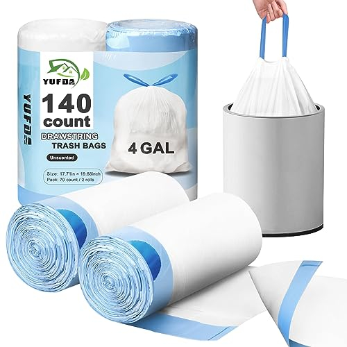 Lot de 140 petits sacs poubelle avec cordon de serrage de 140 litres, petits sacs poubelle pour salle de bain, bureau, chambre à coucher, voiture, design anti-déchirure, petits sacs poubelle blancs,
