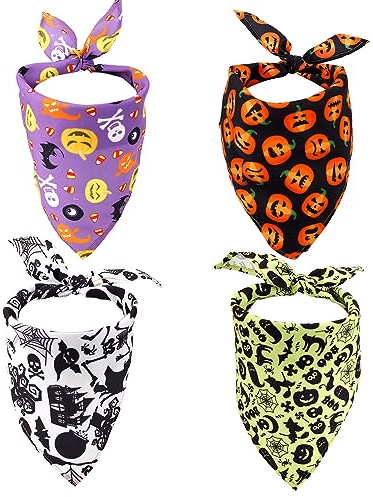 4st Halloween Dreieckstuch, Kürbisse Totenköpfe Spinnen Hundehalstuch Waschbar Atmungsaktiv Hundehalstuch Dreieck für Große Kleine Mittelgroße und Große Hunde und Katzen