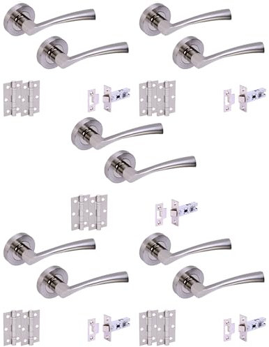 HANDLEZONE® 5 Sets Lobo Internal Door Handles on Rose Lever Latch Packs with 75mm Ball Bearing Hinges and 76mm Latches - Dual Polished/Satin Nickel
