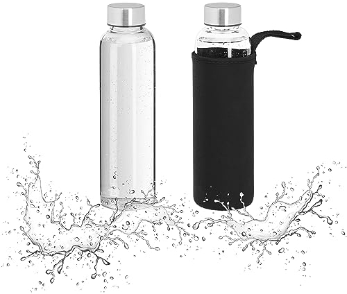 Relaxdays Juego 500 ml 2 Botellas Agua Reutilizables 500ml, con Funda, Térmicas, Vidrio Borosilicato, 5x6,5cm, Transparente/Negro, Caucho, 23,5 x 6,5 x 6,5 cm