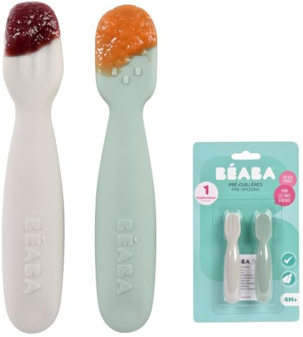 BEABA, Lot de 2 cuilleres bebe 1er age, Pré-cuillères en Silicone, Couverts Bébé, Dès 4 Mois, Forme Ergonomique, Textures Différentes, Manche Ergonomique, Sage green/Velvet grey